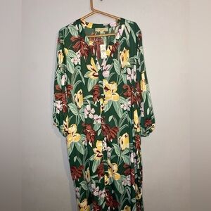 Loft Fit & Flare Dress Women Plus Size Multi Floral V Neck Button Drawstring XXL